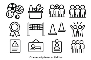 Community Sports Icons. Community Team Activities linear set: mixed-sport ball set, relay markers, shared equipment bin, group start line, participation ribbon, lightweight net,