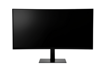 Modern black curved computer monitor screen isolated for gaming and office mockups.

