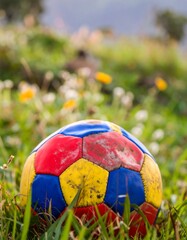 Fototapeta premium Worn soccer ball in grass, colorful, outdoors