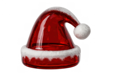 Glass santa hat creating festive christmas holiday feeling with red translucent texture and white fur pom pom decoration