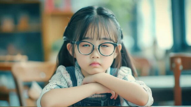 Video Young girl wearing glasses sits at a table with books and papers
