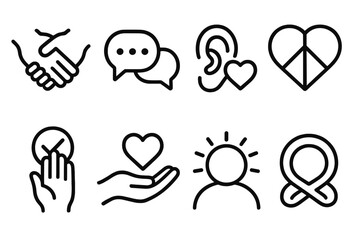 Symbols of Trust. Understanding & Trust Symbols linear set: connected hands, open conversation cue, empathy ear, peace heart link, alignment check, supportive gesture, calm glow,
