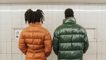 Two young men with puffer jackets stand back-to-back against a subway tile wall