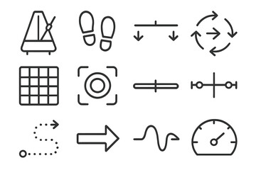 Structured Icon Alignment. Consistent Pace linear set: metronome icon, even steps, balanced line, steady arrows, rhythm grid, focus lens, timeline bar, alignment markers, guided