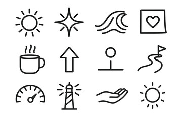 Energized Icon Collection. Positive Push linear set: sunburst, energized spark, enthusiasm wave, gratitude note, warm mug, uplift arrow, milestone dot, guided path, effort gauge,
