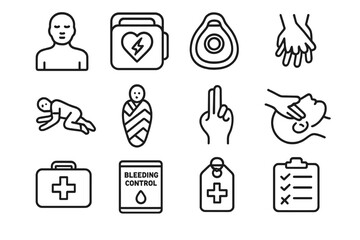 Emergency Icons Collection. Emergency Skills Foundation linear set: CPR mannequin, AED icon, rescue mask, compression hands symbol, recovery position graphic, emergency blanket,