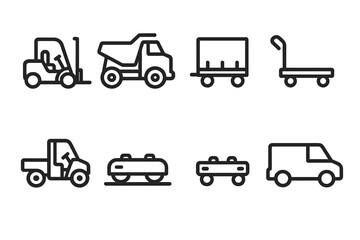Industrial Mobility Icons. Industrial mobility icons linear set: lift truck, heavy hauler, cargo trailer, transport dolly, plant utility vehicle, guided rail cart, automated mover,