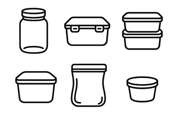 Food Storage Icons. Food Storage Containers linear set: glass jar, airtight box, stackable container, freezer-safe tub, reusable pouch, portion cup.