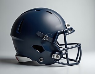 Fototapeta premium Dark blue american football helmet displayed in studio. Protective headgear for player safety during game. Sports equipment object isolated on grey background.