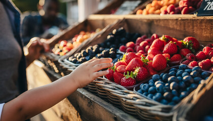 Child hand reaching for fresh red strawberries in plastic container at outdoor farmers market stall.
