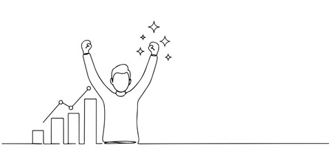 Continuous one line drawing of a person cheering with a wealth graph behind him, representing the success of a personal portfolio, line art style vector illustration.