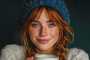 Freckled redhead woman in a knit beanie smiles warmly while holding a mug