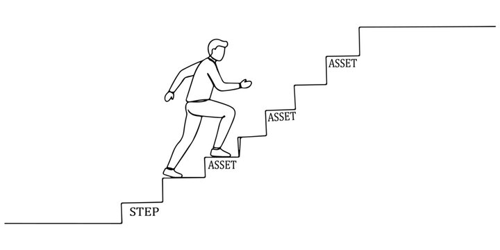 Continuous one line drawing of a person climbing a ladder labeled each step as an asset, representing a gradual increase in wealth, line art style vector illustration.