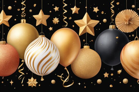 Festive gold stars and ornaments cascade over a black background for celebration decor and holiday imagery - Powered by Adobe