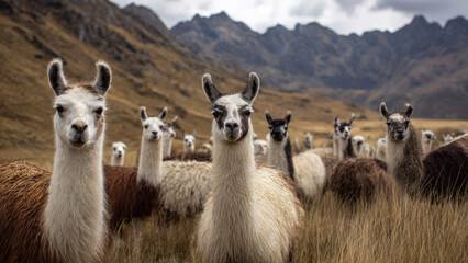 Obraz premium Llama herd in the Andes Mountains