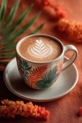 Fototapeta premium Autumn coffee cup with leaf latte art on a decorative mug surrounded by orange leaves