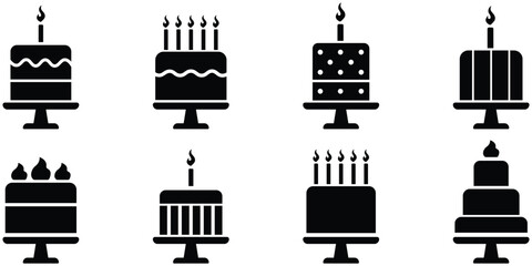 Birthday cake silhouette set, Celebration dessert icon pack, Candle topped pastry collection