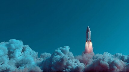 Rocket launches through clouds into the night sky