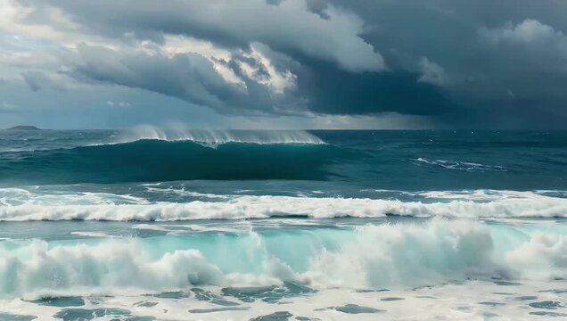 4K cinematic stormy seascape footage capturing crashing waves whipping winds and turbulent water conveying dramatic chaos and raw power of nature during storm conditions along a rugged coastline