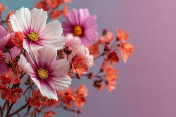 Fototapeta premium Beautiful pink and white flowers bouquet against a soft pink and blue background