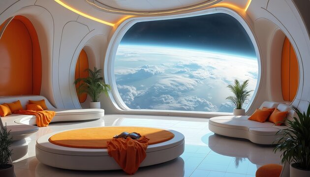 Futuristic space station lounge offers Earth view from orbit. White curved furniture, orange accents, plants create luxury living in zero gravity. Orbital travel is now a reality.