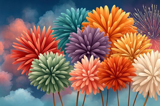 Colorful flower-inspired balloons rise against a blue sky with festive fireworks and clouds - Powered by Adobe