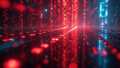 Abstract glowing red and blue digital streams flow through futuristic matrix grid. Futuristic data lines move fast in dark cyberspace. Data transfer simulation for sci fi and tech concepts.