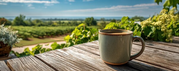 A steaming mug of coffee on an outdoor wooden table with a vineyard view and greenery
