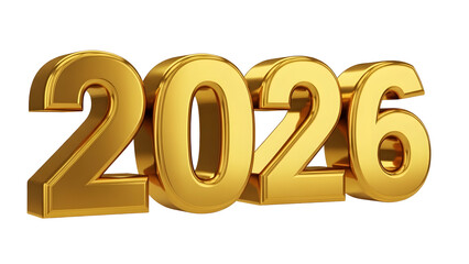 Three dimensional shiny gold metallic numbers representing the year 2026 for celebration