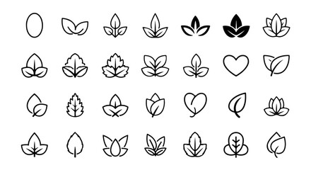 Fototapeta premium Vector Leaf Icons Set: Minimalist Line Art Design for Nature, Eco, Organic, and Branding Elements, Isolated on White