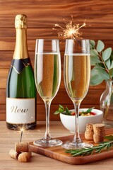Champagne glasses with sparklers on a wooden backdrop for celebration and romantic dining setup