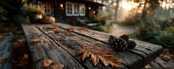 Rustic wooden table with autumn leaves and pine cones under warm sunset light