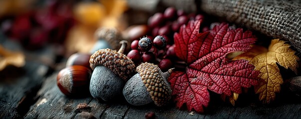 Autumn table arrangement with acorns, pine cones and colorful leaves on rustic wood surface