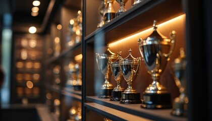 Trophies, awards displayed on shelves with lighting. Golden cups, metal trophies on showcase. Achievement recognition, success celebration, luxury awards collection. Prestigious prizes on display in