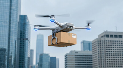 Drone delivering package over urban skyline with modern buildings in the background