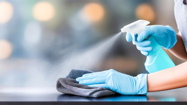 A close-up photograph showing a person's hands wearing blue protective latex gloves while cleaning a dark surface. The right hand holds a spray bottle, dispensing a fine mist of blue cleaning liquid, 