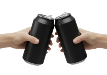 anonymous caucasian hands clinking two sleek 500ml matte black aluminum beverage cans with silver pull tabs on a sterile white background, commercial product photography concept for beverage