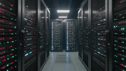 A long aisle in a modern data center filled with rows of blinking server racks and network equipment. - Powered by Adobe