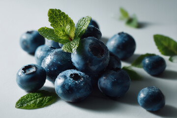 Close up view of fresh blueberries with water drops and mint leaves captured in bright natural light for healthy food and organic lifestyle themes