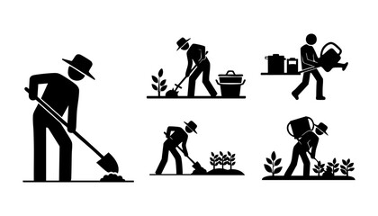 Obraz premium Agricultural Field Work Silhouette Scene Set