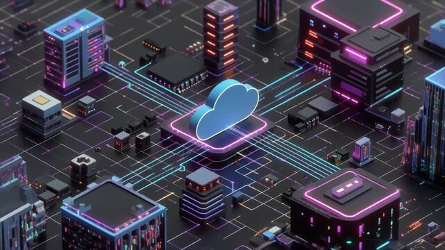 Isometric view of a futuristic smart city with glowing network connections and a central cloud computing icon, representing digital infrastructure and technology.