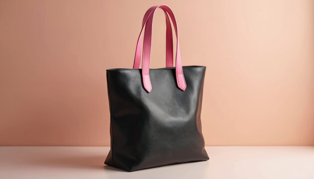 Black leather tote bag with pink handles rests on soft pastel surface. Design features minimalist aesthetic, quality craftsmanship. Stylish accessory perfect for urban lifestyle retail displays.