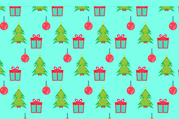 Seamless Christmas Pattern with Trees Gifts and Ornaments on Bright Aqua Background for Gift Wrap and Fabric​
