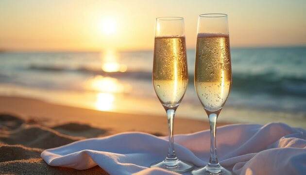 Two champagne flutes filled with bubbly drink sit on white cloth. Gentle waves lap sandy shore with golden sunset. Relaxing romantic beach celebration scene. - Powered by Adobe