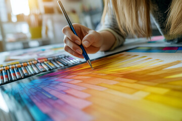 Modern graphic designer using digital palette and tools for creative artwork development with generative AI support