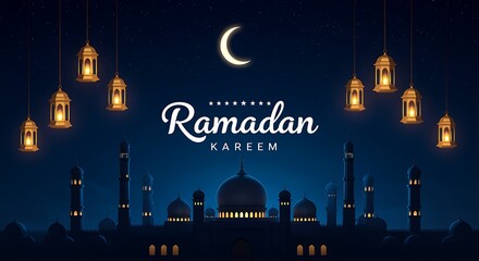 Ramadan Kareem Night Sky with Mosque and Lanterns