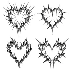 Pack of chrome tribal hearts in Y2K style with 3D metallic texture and sharp shapes. Urban artwork...