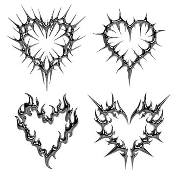 Pack of chrome tribal hearts in Y2K style with 3D metallic texture and sharp shapes. Urban artwork perfect for streetwear prints, futuristic visuals and digital graphics inspired by cyber themes