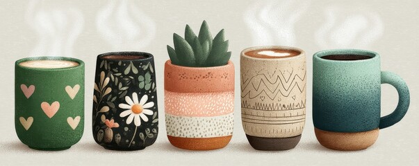 Cute ceramic coffee mugs with plants and patterns create cozy home decor and warm vibes