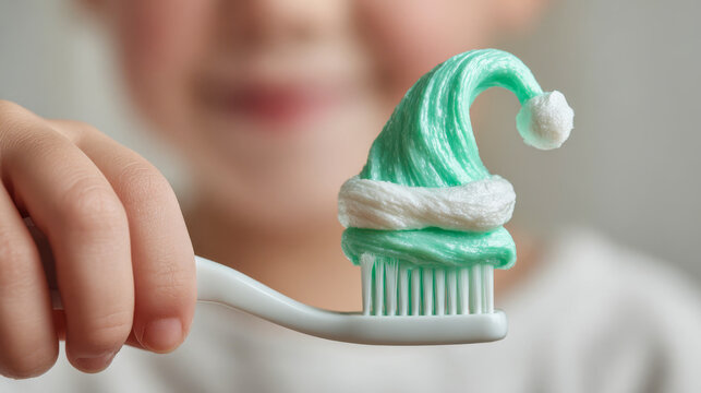 Kid holds toothbrush with toothpaste shaped like a Santa hat during holiday season